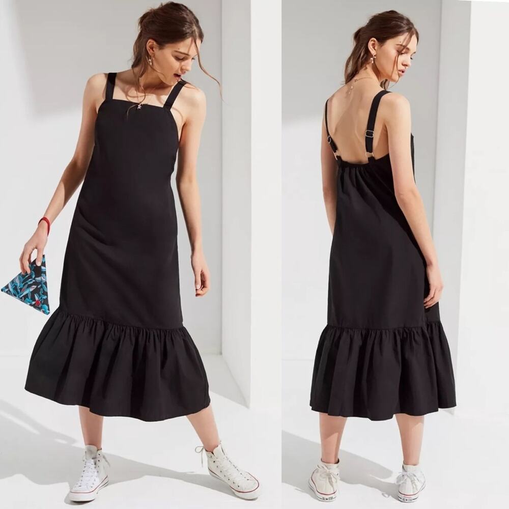 Urban Outfitters Black Mia Poplin Ruffle Hem Midi Dress‎ Small Petite